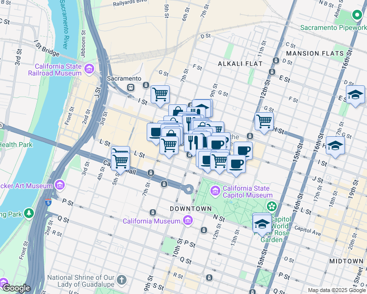 map of restaurants, bars, coffee shops, grocery stores, and more near 801 K Street in Sacramento