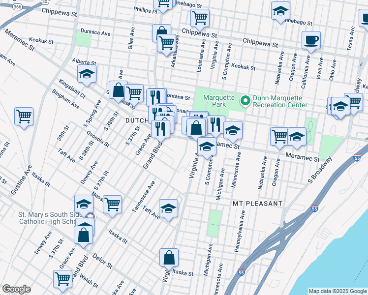 map of restaurants, bars, coffee shops, grocery stores, and more near 4219 Louisiana Avenue in St. Louis