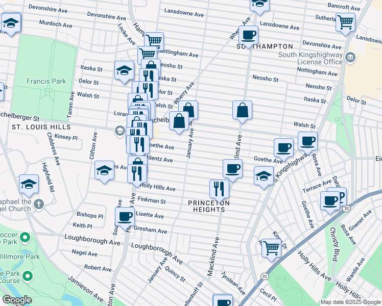 map of restaurants, bars, coffee shops, grocery stores, and more near 5544 Goethe Avenue in St. Louis