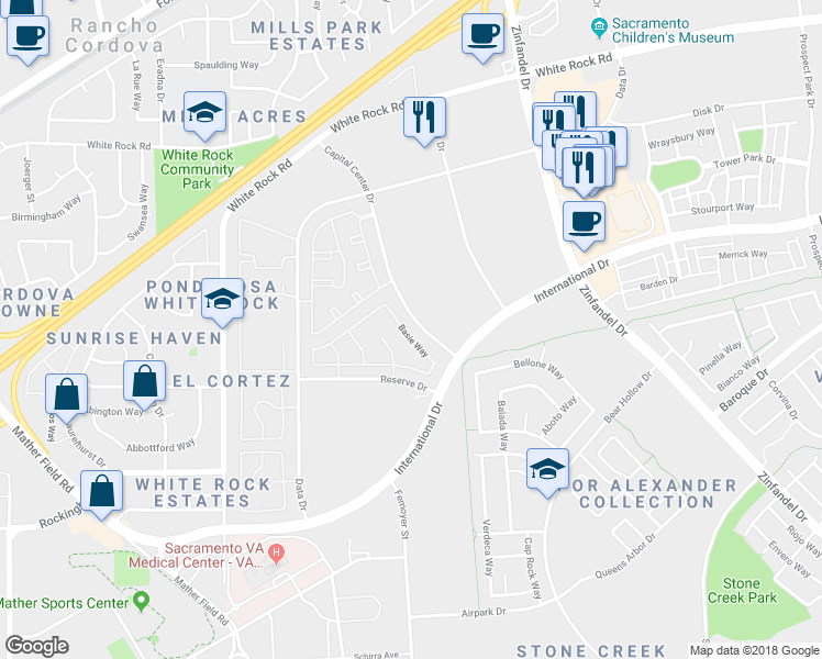 map of restaurants, bars, coffee shops, grocery stores, and more near 10746 Basie Way in Rancho Cordova