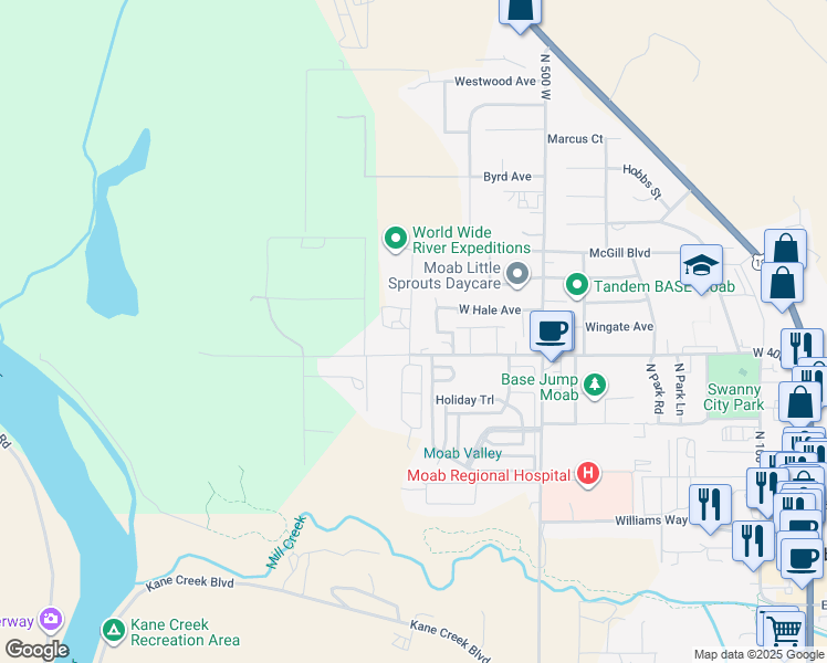 map of restaurants, bars, coffee shops, grocery stores, and more near 458 Riversands Road in Moab