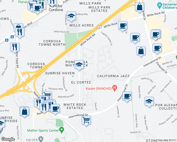 map of restaurants, bars, coffee shops, grocery stores, and more near 10364 South White Rock Road in Rancho Cordova
