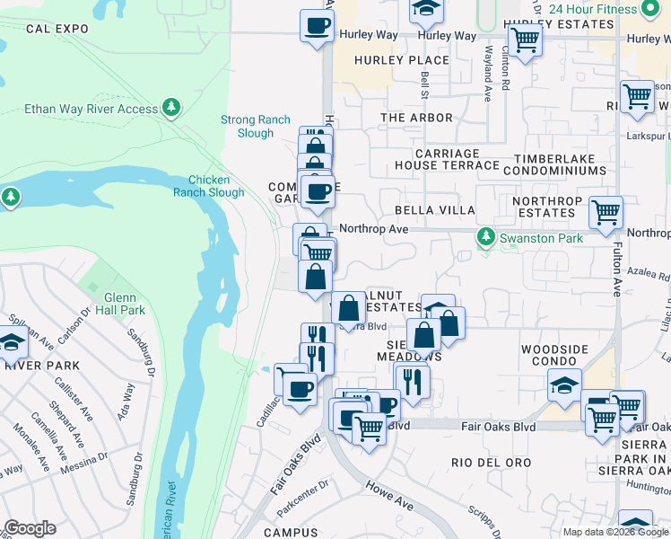 map of restaurants, bars, coffee shops, grocery stores, and more near 2229 Woodside Lane in Sacramento