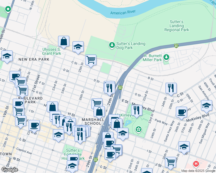 map of restaurants, bars, coffee shops, grocery stores, and more near 2822 D Street in Sacramento