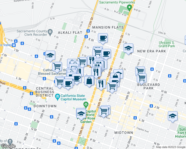map of restaurants, bars, coffee shops, grocery stores, and more near 818 15th Street in Sacramento