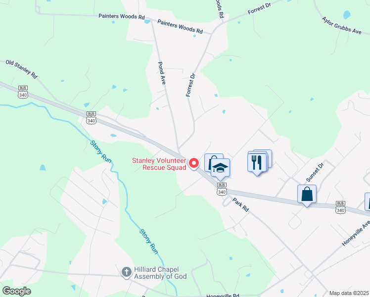 map of restaurants, bars, coffee shops, grocery stores, and more near 1185 Forrest Drive in Stanley