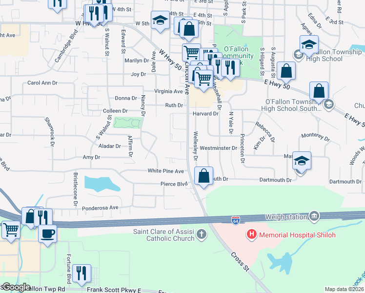 map of restaurants, bars, coffee shops, grocery stores, and more near 1119 S Lincoln Ave in O'Fallon