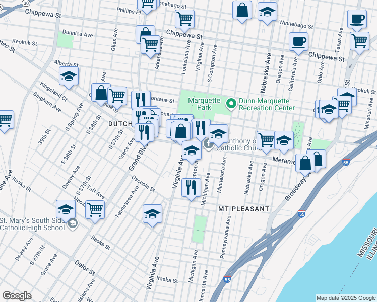 map of restaurants, bars, coffee shops, grocery stores, and more near in St. Louis
