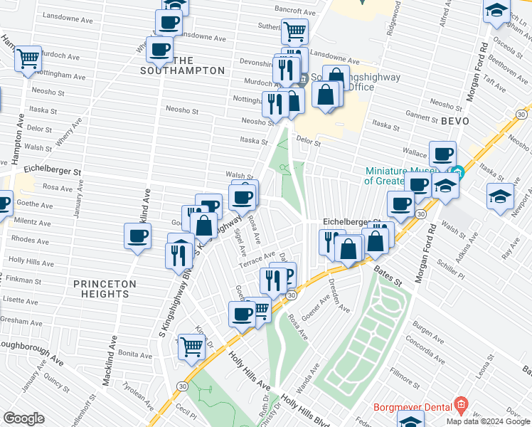 map of restaurants, bars, coffee shops, grocery stores, and more near 4759 Dahlia Avenue in St. Louis