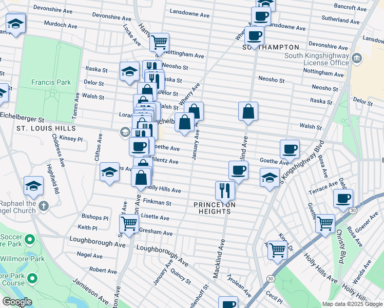 map of restaurants, bars, coffee shops, grocery stores, and more near 5544 Goethe Avenue in St. Louis