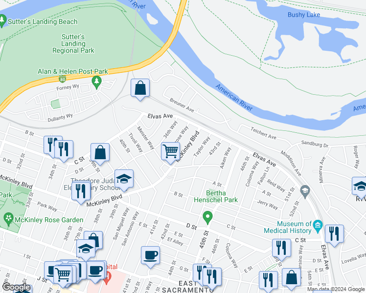 map of restaurants, bars, coffee shops, grocery stores, and more near 4123 McKinley Boulevard in Sacramento