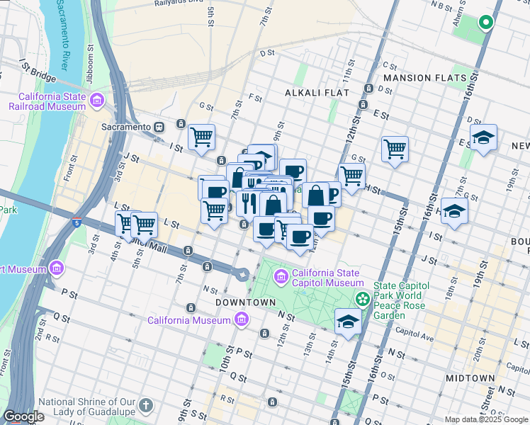 map of restaurants, bars, coffee shops, grocery stores, and more near 1010 10th Street in Sacramento