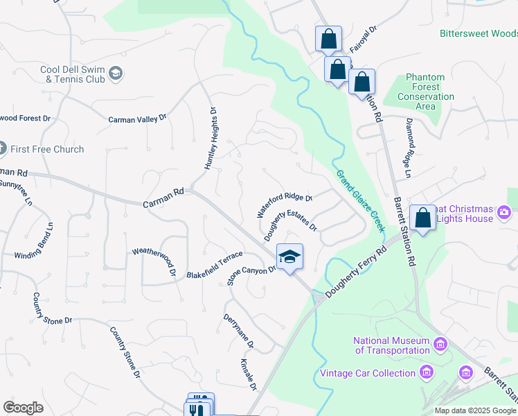 map of restaurants, bars, coffee shops, grocery stores, and more near 655 Waterford Ridge Drive in Ballwin