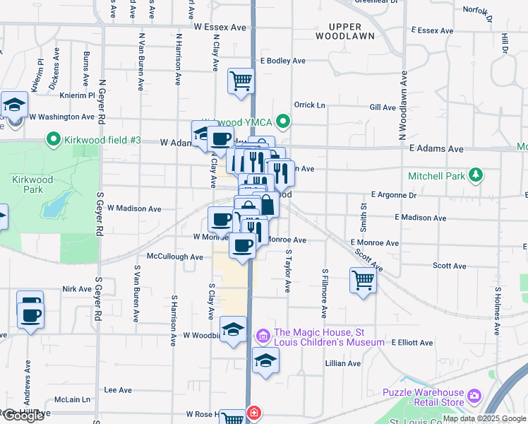map of restaurants, bars, coffee shops, grocery stores, and more near 139 East Madison Avenue in Kirkwood