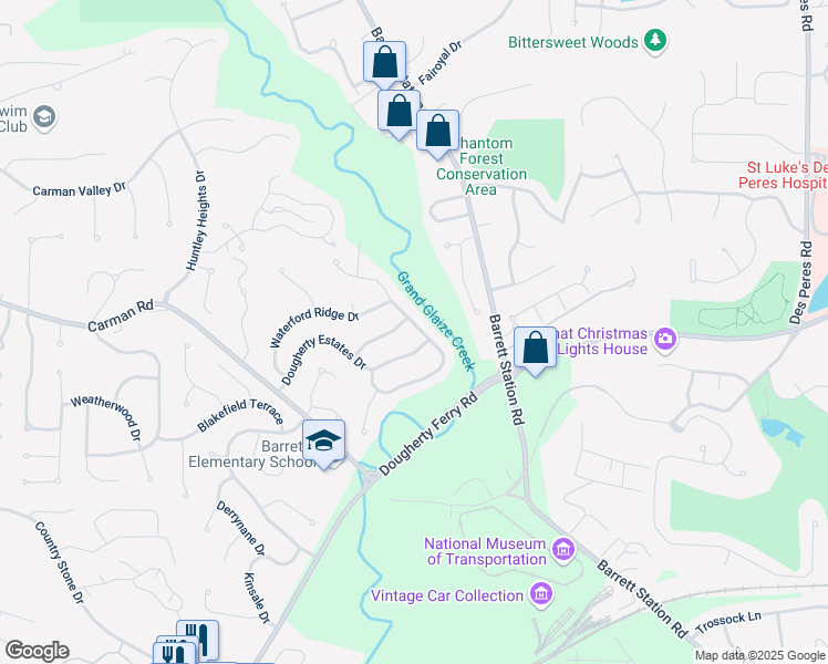 map of restaurants, bars, coffee shops, grocery stores, and more near 665 Dougherty Terrace Drive in Ballwin