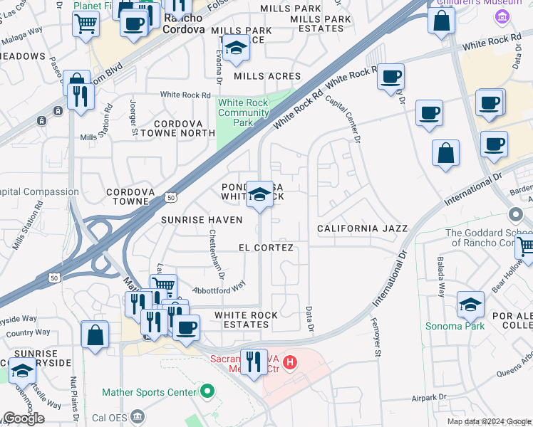 map of restaurants, bars, coffee shops, grocery stores, and more near 10364 South White Rock Road in Rancho Cordova