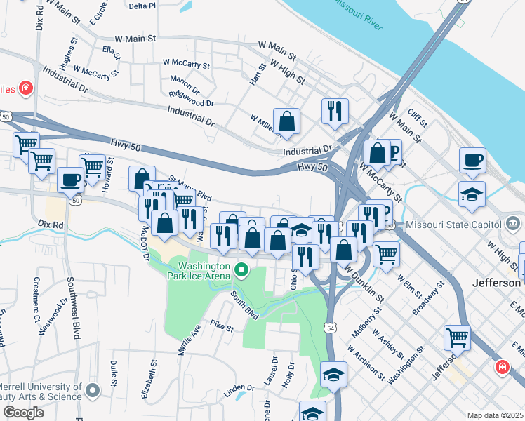 map of restaurants, bars, coffee shops, grocery stores, and more near 1013 Saint Marys Boulevard in Jefferson City