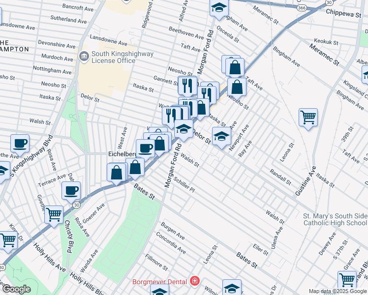 map of restaurants, bars, coffee shops, grocery stores, and more near 5028 Morgan Ford Road in St. Louis