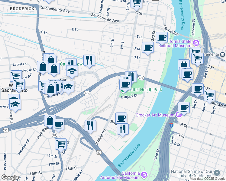 map of restaurants, bars, coffee shops, grocery stores, and more near 816 Riske Lane in West Sacramento
