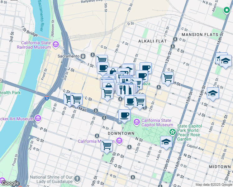map of restaurants, bars, coffee shops, grocery stores, and more near 831 K Street in Sacramento