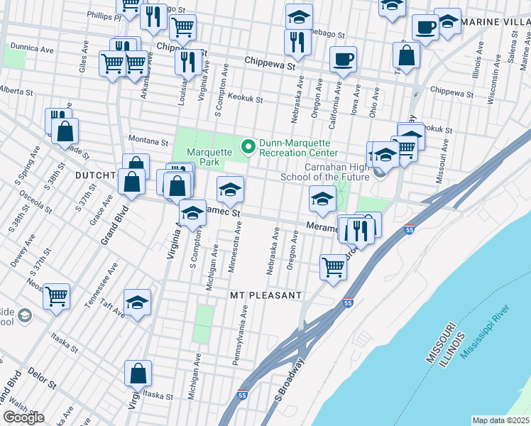 map of restaurants, bars, coffee shops, grocery stores, and more near 2921 Meramec Street in St. Louis