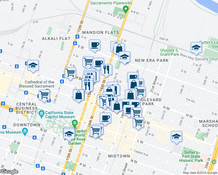 map of restaurants, bars, coffee shops, grocery stores, and more near 1627 H Street in Sacramento