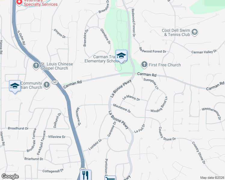 map of restaurants, bars, coffee shops, grocery stores, and more near 723 La Bonne Parkway in Ballwin