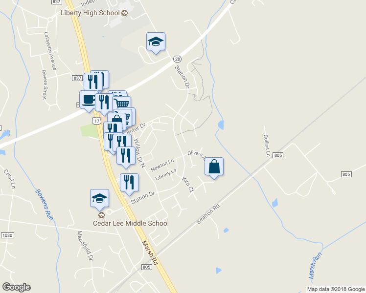 map of restaurants, bars, coffee shops, grocery stores, and more near 10822 Lord Chancellor Lane in Bealeton