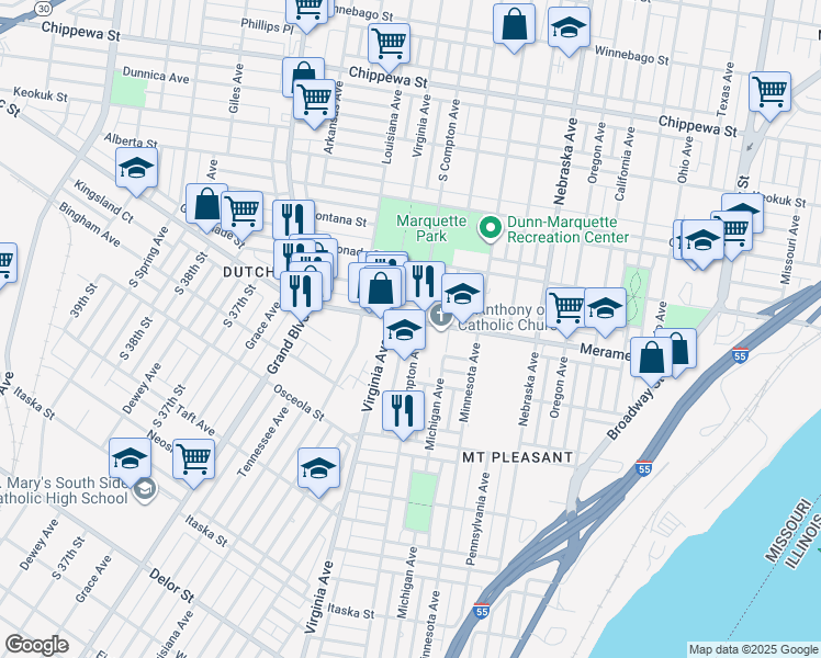 map of restaurants, bars, coffee shops, grocery stores, and more near 4211 South Compton Avenue in St. Louis