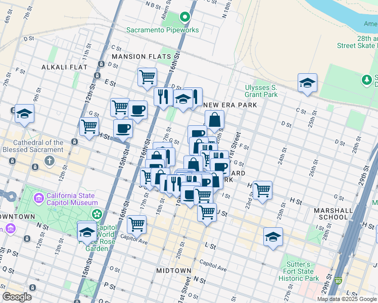 map of restaurants, bars, coffee shops, grocery stores, and more near 1820 G Street in Sacramento