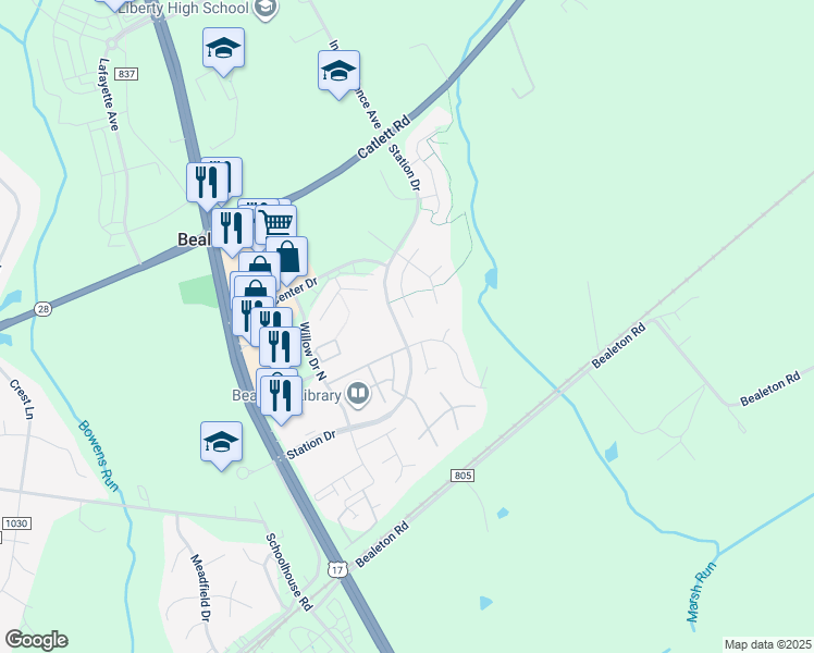 map of restaurants, bars, coffee shops, grocery stores, and more near 10822 Lord Chancellor Lane in Bealeton