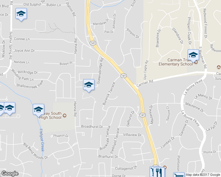 map of restaurants, bars, coffee shops, grocery stores, and more near 619 Burwick Terrace in Ballwin