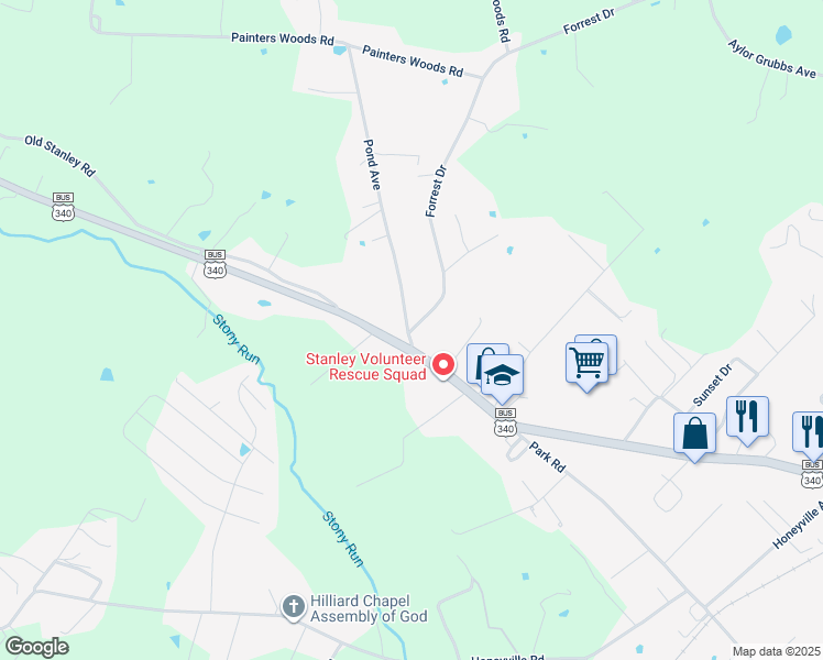 map of restaurants, bars, coffee shops, grocery stores, and more near 10160 Forrest Drive in Stanley