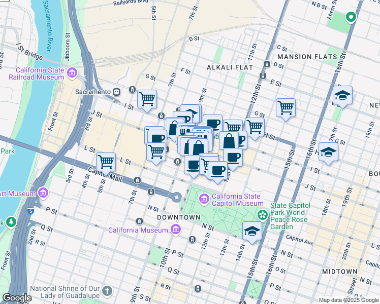 map of restaurants, bars, coffee shops, grocery stores, and more near 1010 10th Street in Sacramento