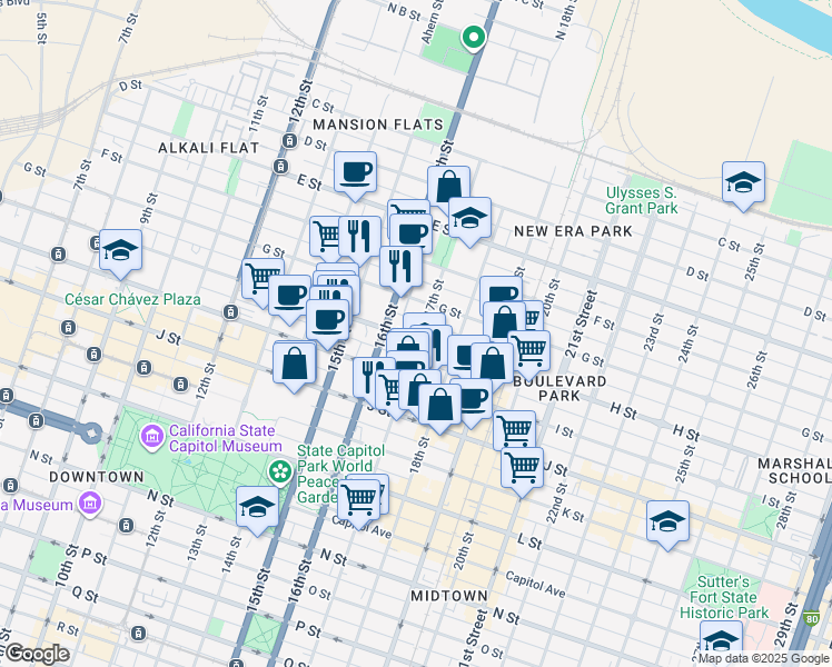 map of restaurants, bars, coffee shops, grocery stores, and more near 1629 H Street in Sacramento