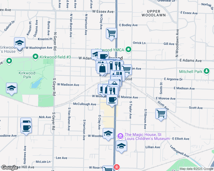map of restaurants, bars, coffee shops, grocery stores, and more near 131 West Madison Avenue in Kirkwood