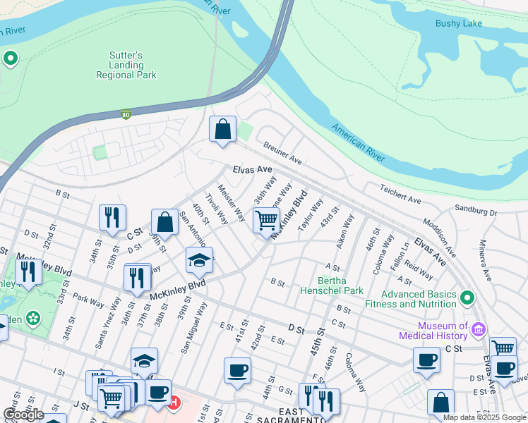 map of restaurants, bars, coffee shops, grocery stores, and more near 82 Primrose Way in Sacramento