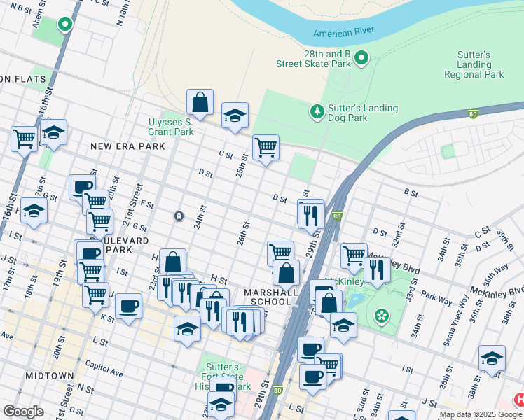 map of restaurants, bars, coffee shops, grocery stores, and more near 2627 E Street in Sacramento
