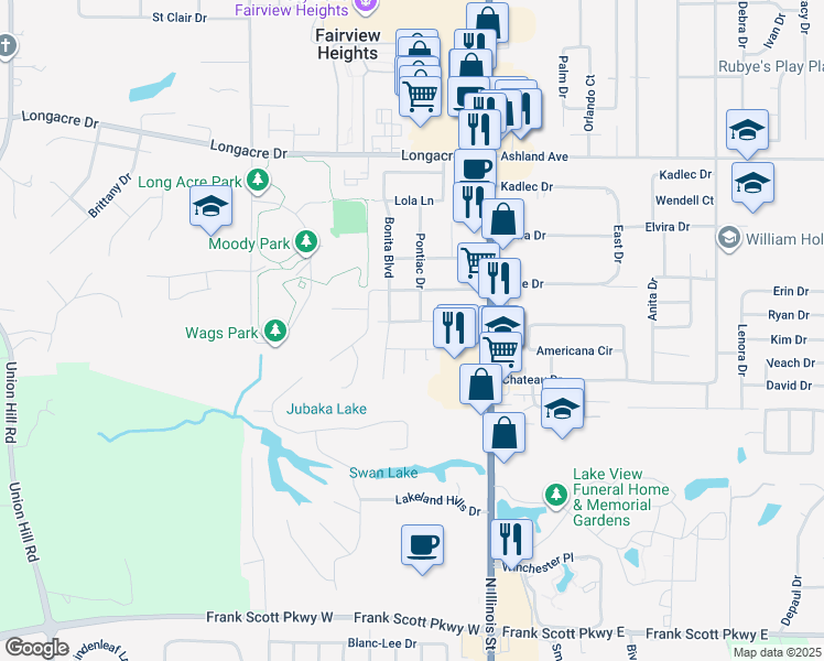 map of restaurants, bars, coffee shops, grocery stores, and more near 15 Hollandia Drive in Fairview Heights