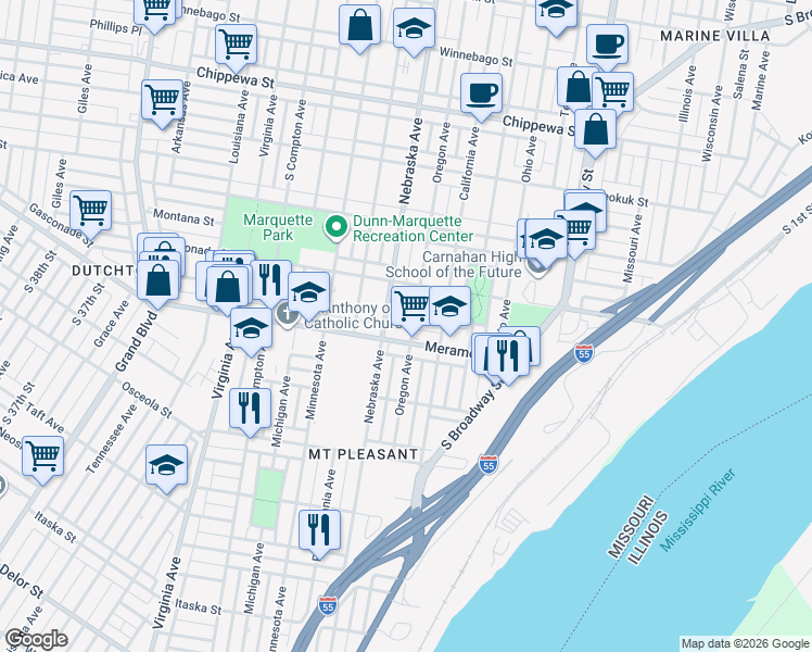 map of restaurants, bars, coffee shops, grocery stores, and more near 2821 Meramec Street in St. Louis