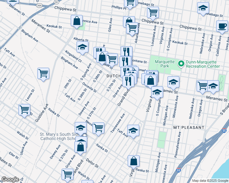 map of restaurants, bars, coffee shops, grocery stores, and more near 4246 Grace Avenue in St. Louis