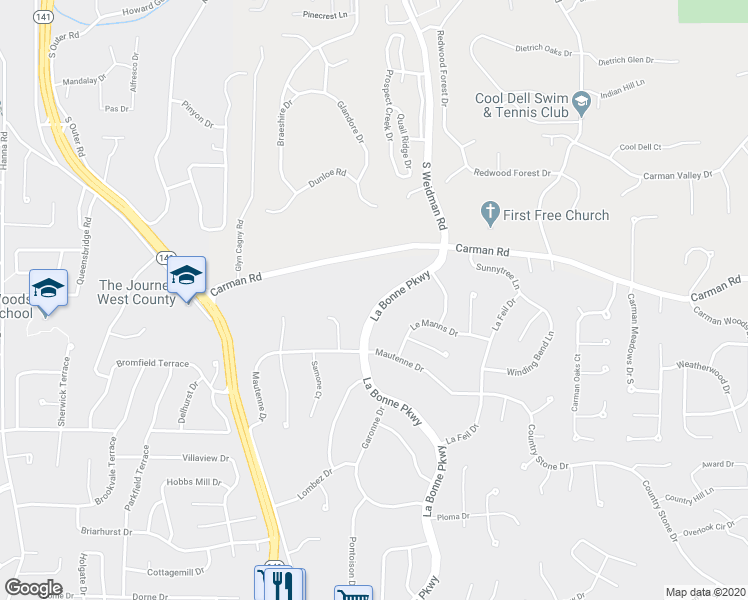 map of restaurants, bars, coffee shops, grocery stores, and more near 723 La Bonne Parkway in Ballwin