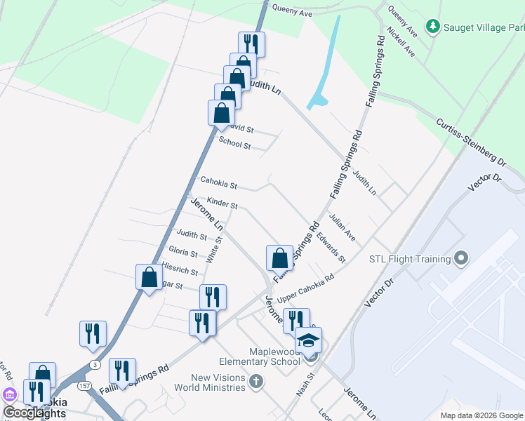 map of restaurants, bars, coffee shops, grocery stores, and more near 105 Kinder Street in Cahokia