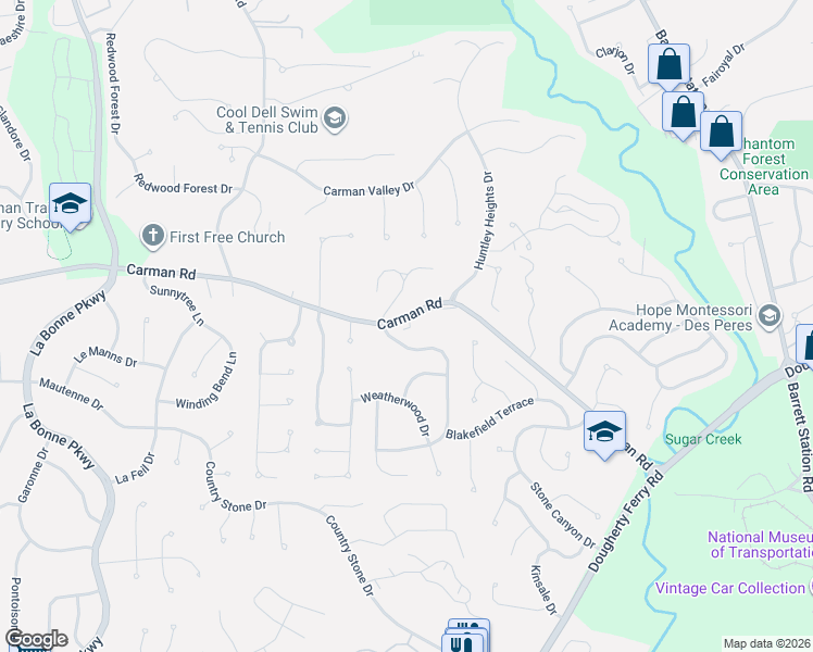 map of restaurants, bars, coffee shops, grocery stores, and more near 1670 Carman Road in Ballwin