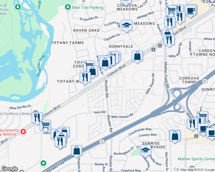 map of restaurants, bars, coffee shops, grocery stores, and more near 2929 Routier Road in Sacramento