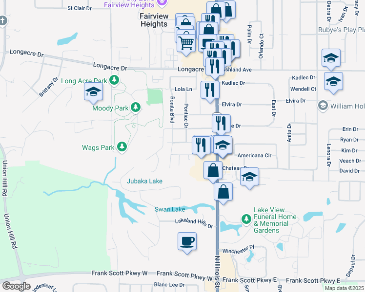 map of restaurants, bars, coffee shops, grocery stores, and more near 15 Hollandia Drive in Fairview Heights