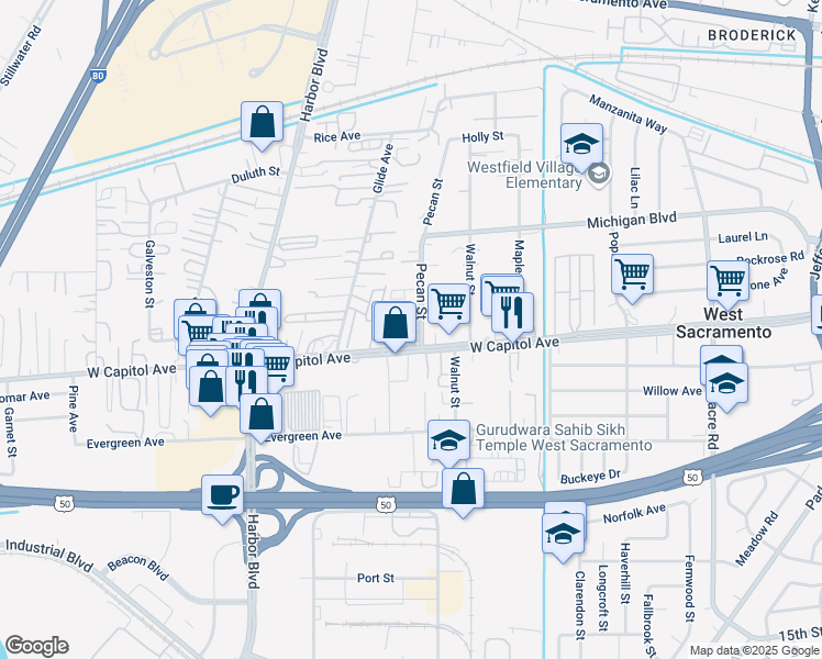 map of restaurants, bars, coffee shops, grocery stores, and more near 2400 West Capitol Avenue in West Sacramento