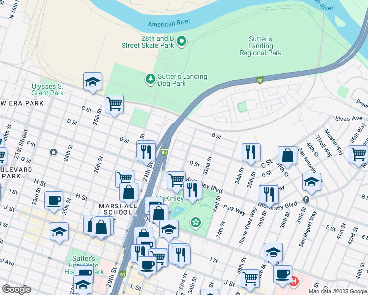 map of restaurants, bars, coffee shops, grocery stores, and more near in Sacramento