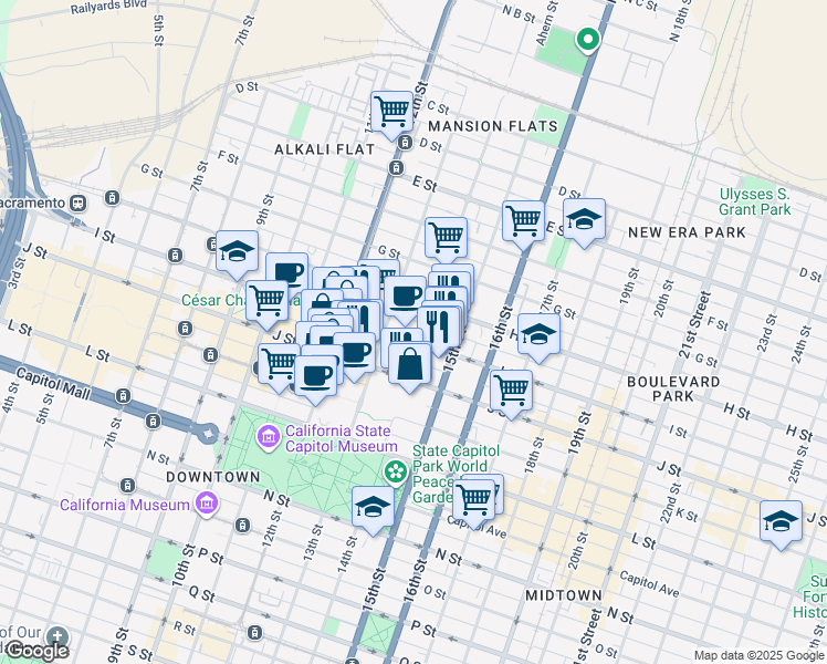 map of restaurants, bars, coffee shops, grocery stores, and more near 1300 I Street in Sacramento