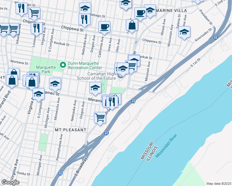 map of restaurants, bars, coffee shops, grocery stores, and more near 4100-4198 Ohio Avenue in St. Louis
